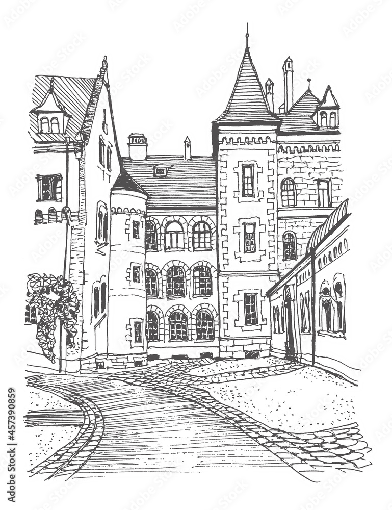 Travel sketch of Stein, Middle Franconia, Germany. Hand drawing of old town. Historical building line art. Hand drawn travel postcard. Urban sketch in black color isolated on white background.