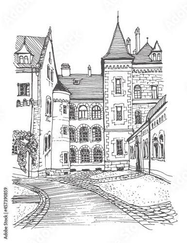 Travel sketch of Stein  Middle Franconia  Germany. Hand drawing of old town. Historical building line art. Hand drawn travel postcard. Urban sketch in black color isolated on white background.