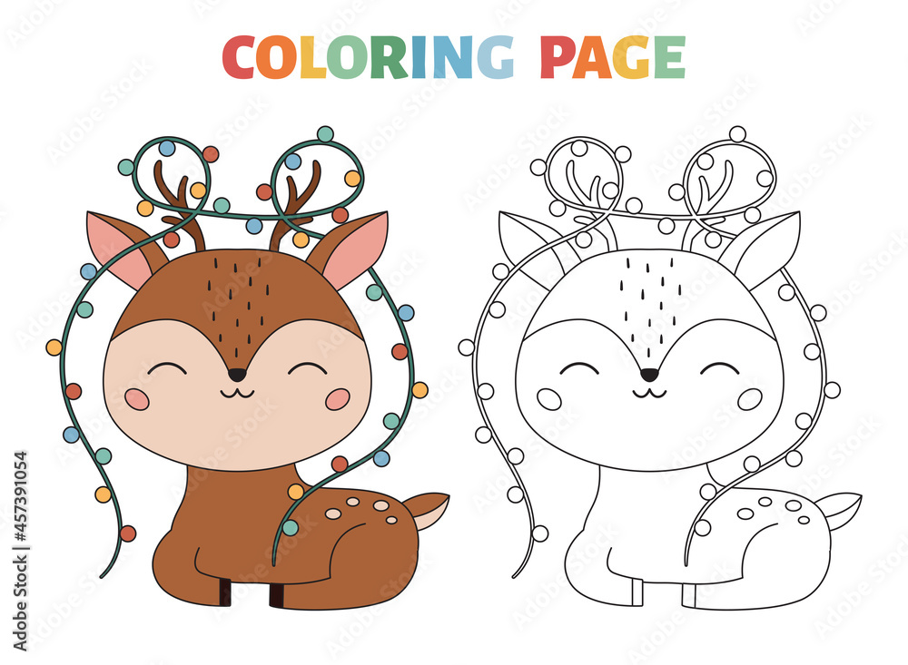 Coloring page with cute deer and Christmas lights. Coloring book for kids with a colored example. Cartoon kawaii character. Black contour silhouette forest animal. Vector illustration. Coloring page with cute deer and Christmas lights. Coloring book for kids with a colored example. Cartoon kawaii character. Black contour silhouette forest animal. Vector illustration.