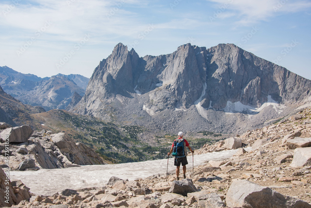 Trekking into the stunning Cirque of Towers, seen from Texas Pass, Wind River Range, Wyoming, USA