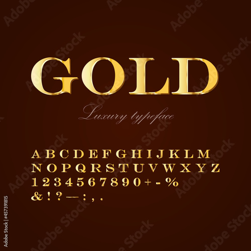 Golden luxury vector typeface: alphabet, numbers, symbols. For holidays, celebrations, gaming business, VIP projects.