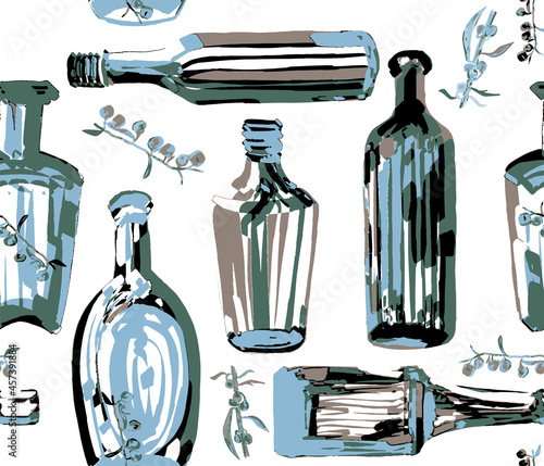 Vector EPS10 seamless pattern – Absinthe Obsession. Collection of empty glass bottles with the twigs of bitter silver wormwood inside. Use for kitchen décor, bar napkins, table runners, table clothes.