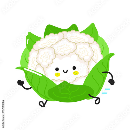Cute funny running cauliflower. Vector hand drawn cartoon kawaii character illustration icon. Isolated on white background. Run cauliflower concept