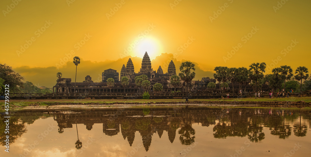Naklejka premium Angkor Wat popular touristic ancient temple complex at sunrise. Cambodia symbol. Famous temples near Siem Reap..Combodia