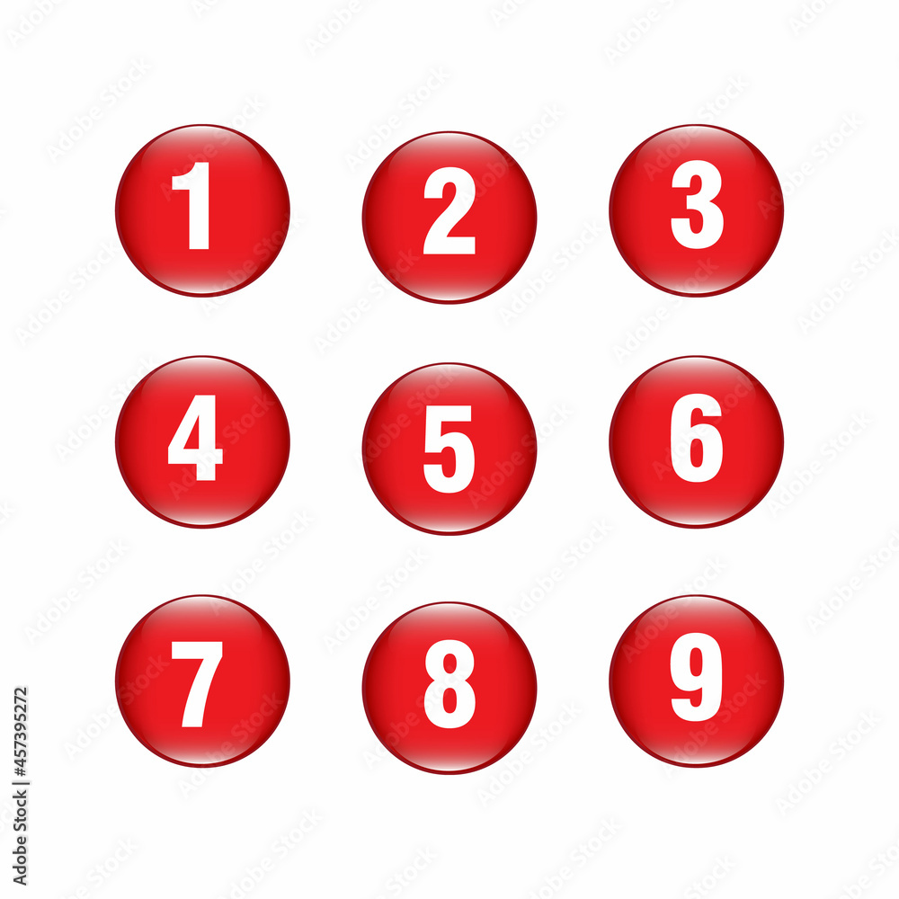 Numbers counting red vector button icon design set, vector illustration