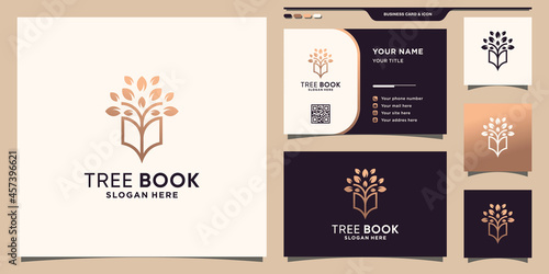 Tree combined book logo with line art style and business card design Premium Vector