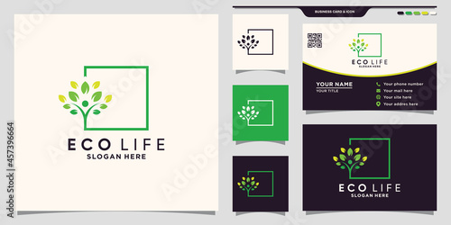 Eco life people tree logo with square line art style and business card design Premium Vector