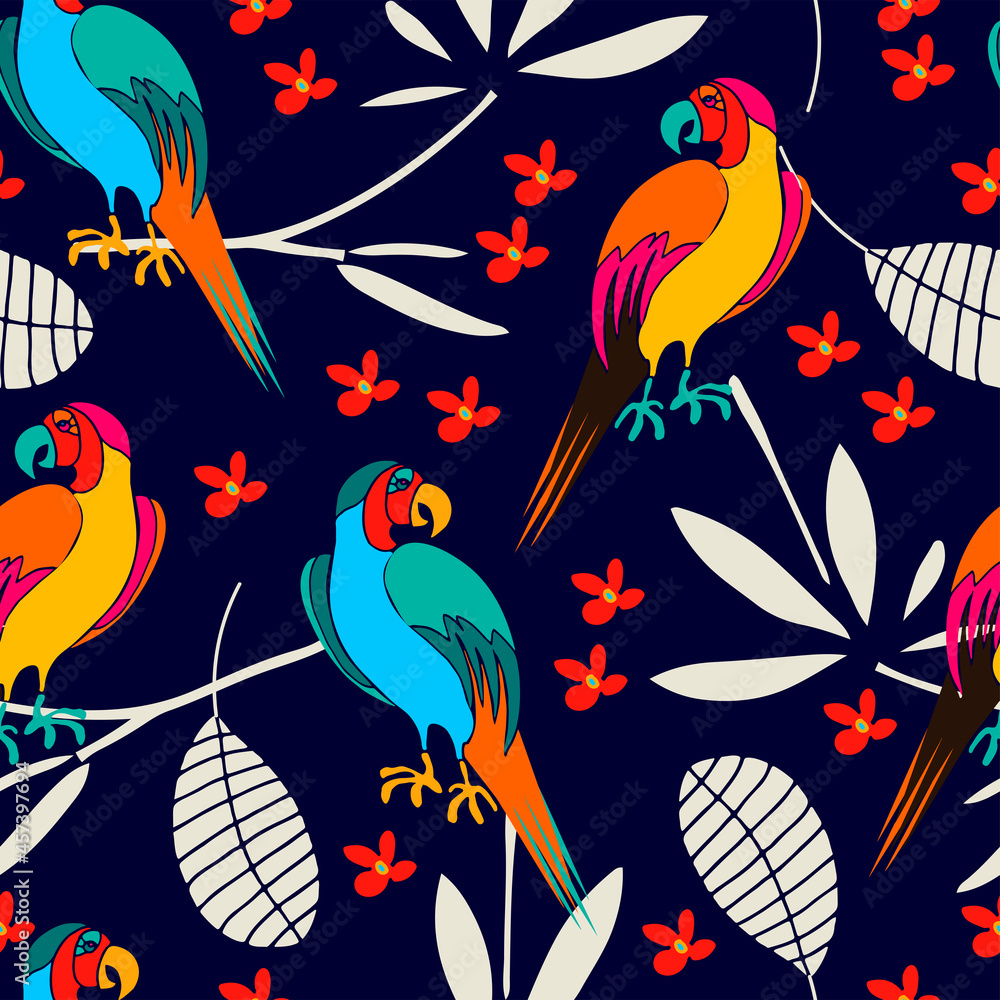 Stylized exotic birds seamless pattern. Vector illustration in bright colors. Tenplate for fashion print. 