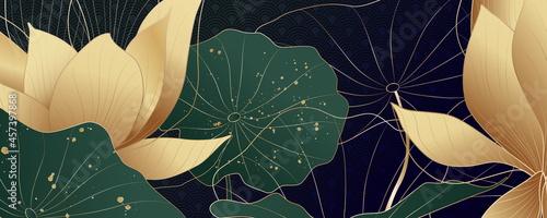 Luxury background with gold lotus flowers and green leaves with splashes of gold.