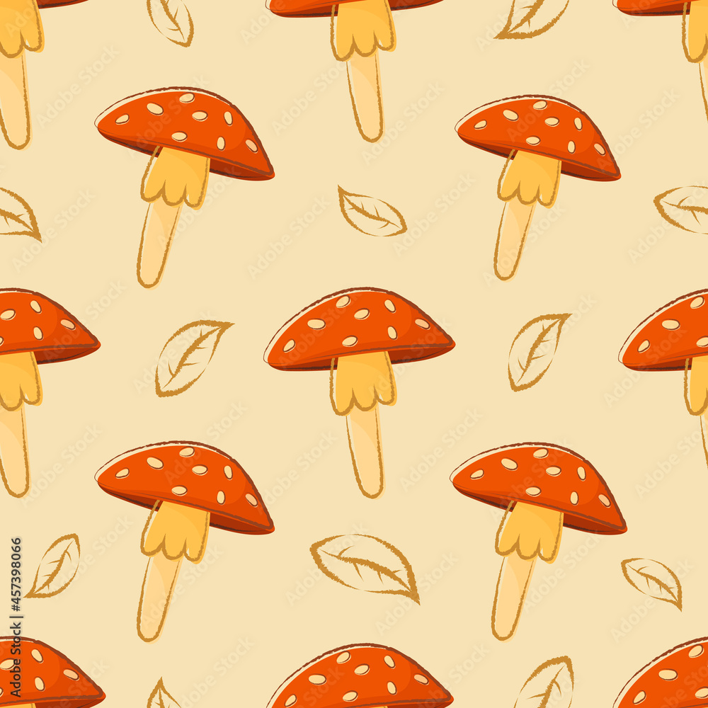 Vector seamless autumn pattern with cartoon doodle mushrooms amanita. Vector seamless autumn pattern with cartoon doodle mushrooms amanita.