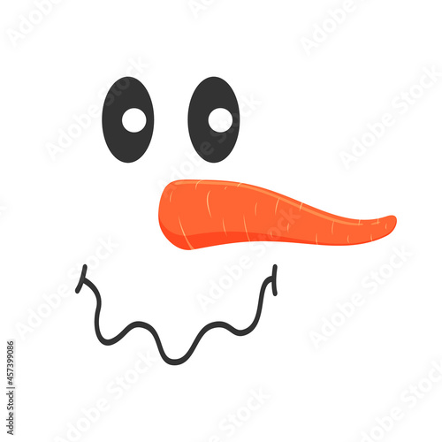 Cute snowman face with upset emotion. Funny snow man head with squiggly mouth and carrot nose. Winter holidays design. Vector cartoon illustration.