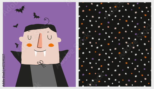 Cute Halloween Vector Illustration. Infantile Style Halloween Party Print with Funny Vampire Isolated on a Violet Background Ideal for Card,Wall Art. Starry Irregular Seamless Pattern.
