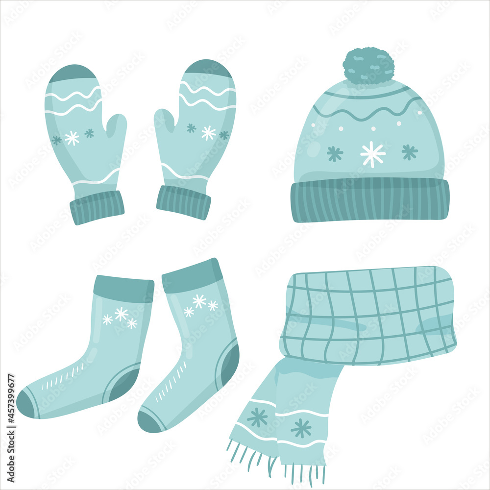 set of blue knitted scarf, hat and mittens socks on white. Winter clothes set. Vector illustration. flat set of blue knitted scarf, hat and mittens socks on white. Winter clothes set. Vector illustration. flat