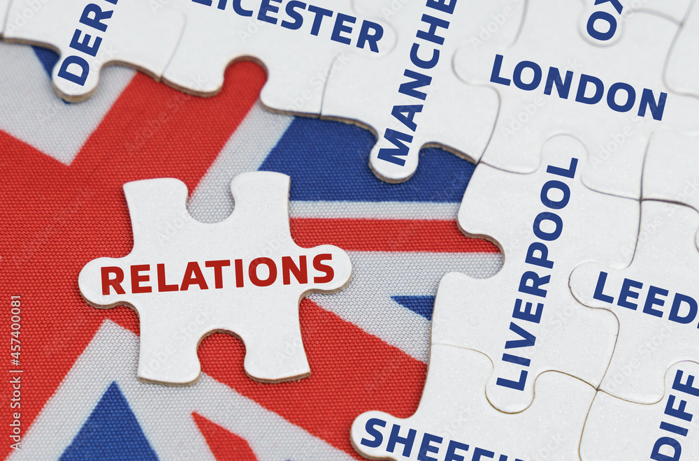 On the flag of Great Britain there are puzzles with the names of cities and a puzzle with the inscription - relations On the flag of Great Britain there are puzzles with the names of cities and a puzzle with the inscription - relations