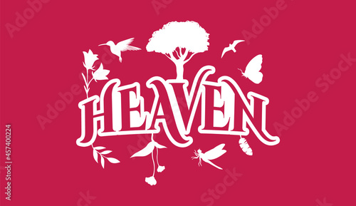 Creative Natural Logo Using Word Heaven using elements Flower, Hummingbird, bird, Butterfly, Leaf and Dragonfly for adventure, tourism, entertainment, travel, water and food related business