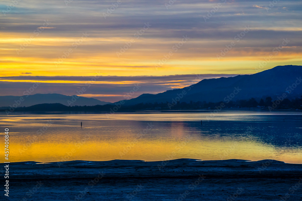 Dramatic vibrant sunset scenery in Lake Elsinore, California