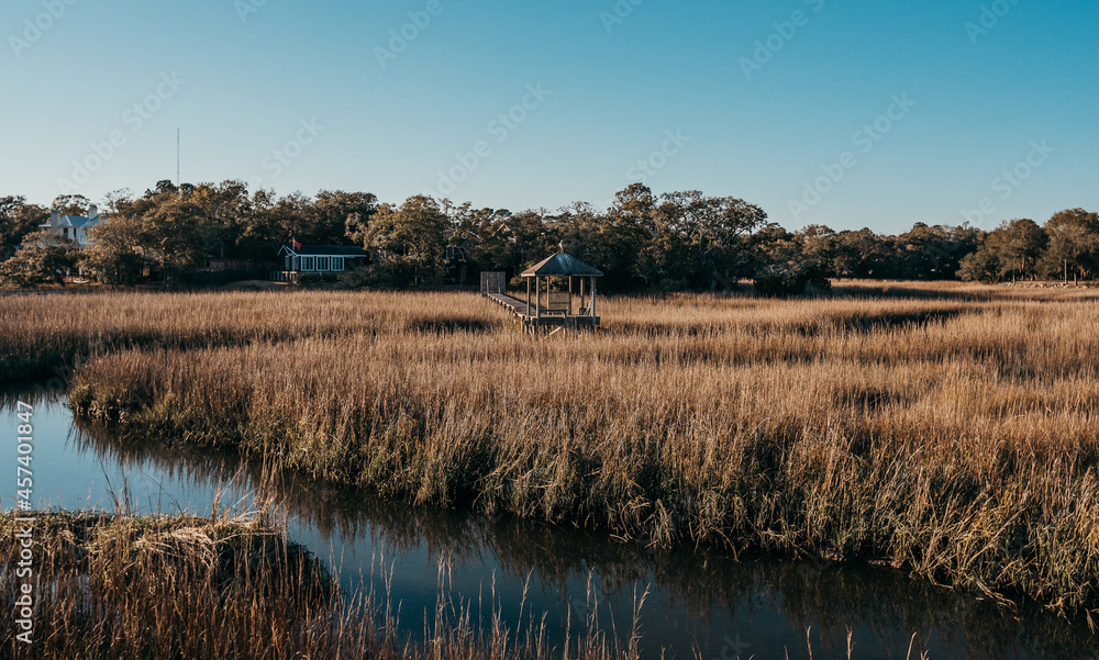 Fototapeta premium marsh dock blue sky south carolina