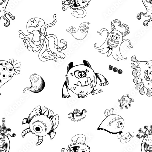 Seamless pattern of hand drawn sketch style fictional little monsters isolated on white background. Vector illustration.