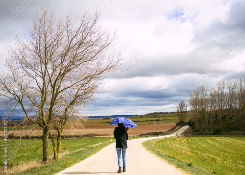 woman with an umbrella in the middle of the road surrounded by field