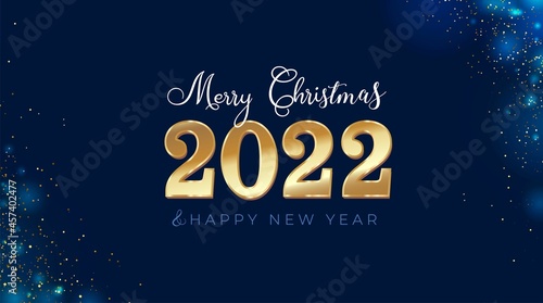 2022 Happy New year greeting card with golden text, abstract magical dust, confetti and blue background. Vector illustration. Xmas modern design for background, wallpaper, banner, poster, card, flyer