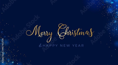 Happy New Year and Merry Christmas banner. Elegant navy xmas background with sparkling confetti. Blue sparkling luxury background vector illustration. Happy New Year greeting card,flyer, poster design