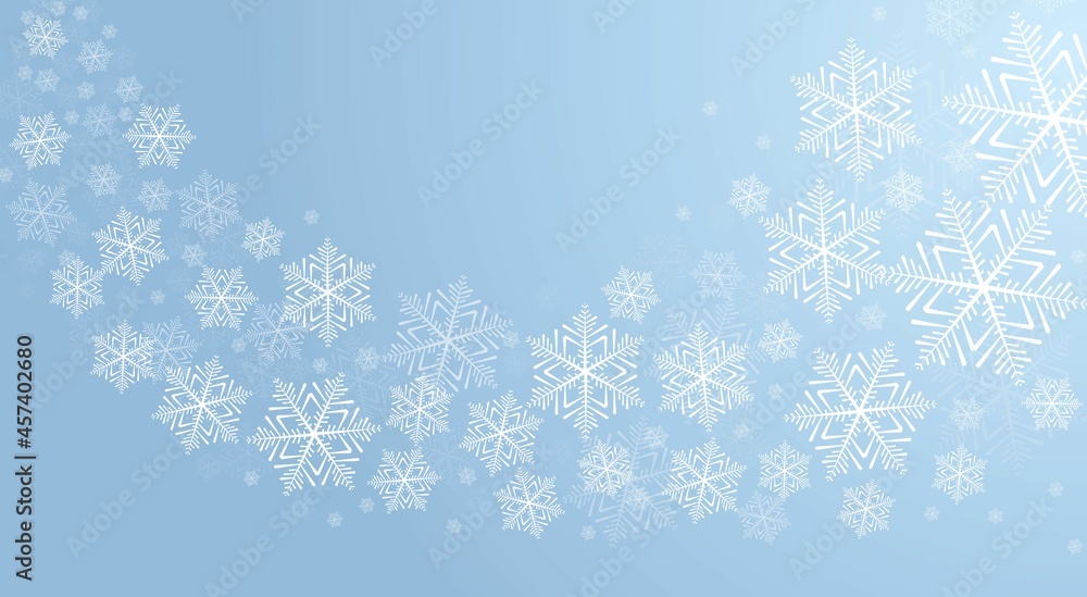 Snow blizzard effect with white snowflakes on blue background. Winter design for Christmas decor, greeting card, poster, flyer etc. Abstract white snowflakes vector illustration