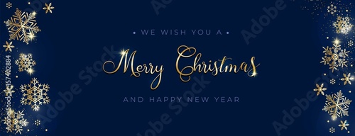 Merry Christmas background design with sparkling golden snowflakes, glitter gold confetti and navy blue background. Xmas luxury design template for banner, greeting card,invitation.Vector illustration
