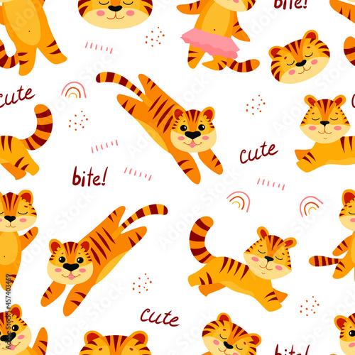 Seamless pattern with cute tiger cubs. Big tabby cat. Endangered animals. Tigers Symbol of 2022. Vector illustration isolated on white background
