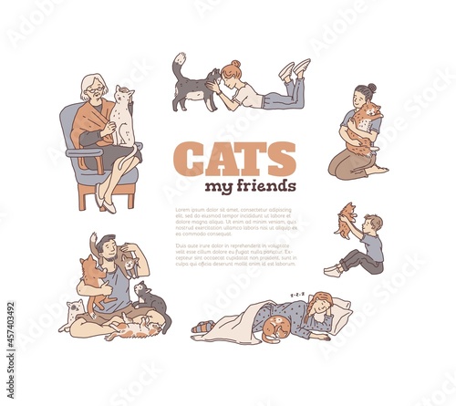People with not pedigreed cats. Banner outline doodle vector pets and cat lovers.