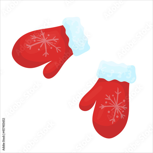 Red mittens with snowflakes. Santa Claus clothes. Bright suit. Christmas decor in cartoon style. Vector illustration isolated on white background.