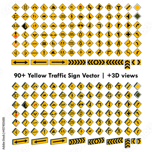 all yellow traffic signs vector set, 3d traffic signs set. Universal traffic icon pack for Europa and Asia