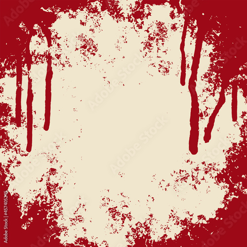 Abstract banner with red spots and drips on an old paper backdrop. Creative vector background in the form of a bloody frame in the grunge style. Design element for halloween party
