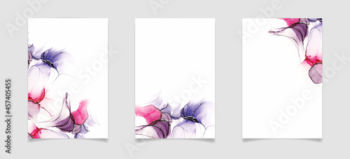 Abstract violet and pink liquid watercolor or alcohol ink background. Elegant fluid marble watercolour drawing effect. Vector illustration design template for wedding invitation, menu and rsvp