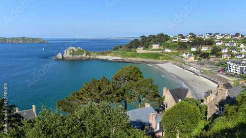 Top view of Trestrignel beach at sunset from a beautiful viewpoint in Perros-Guirec, France. photo