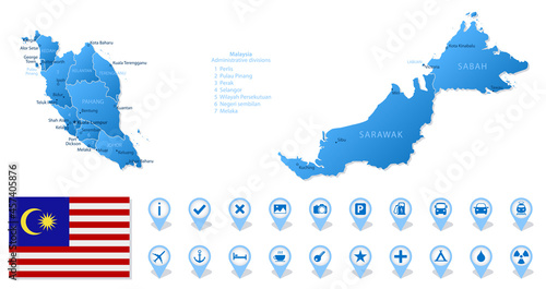 Blue map of Malaysia administrative divisions with travel infographic icons.