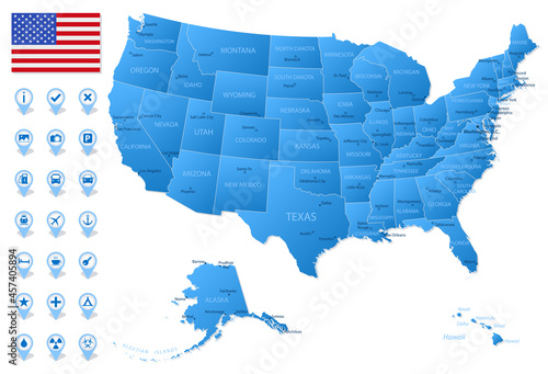 Blue map of United States of America administrative divisions with travel infographic icons.
