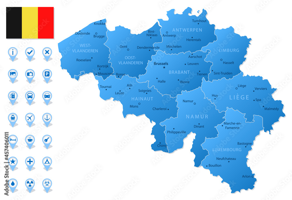 Fototapeta premium Blue map of Belgium administrative divisions with travel infographic icons.