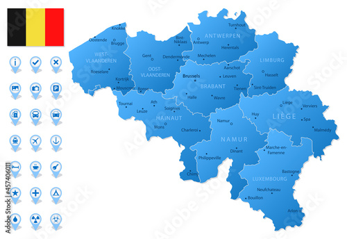 Blue map of Belgium administrative divisions with travel infographic icons.