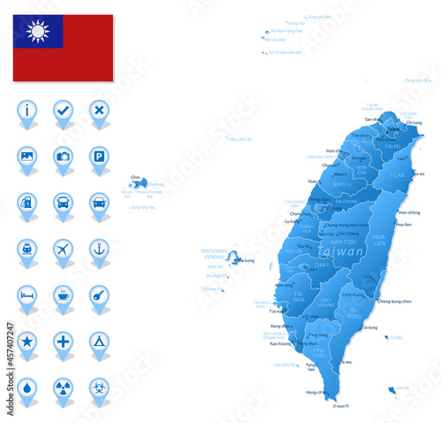 Blue map of Taiwan administrative divisions with travel infographic icons.