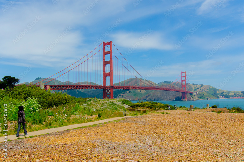 Walking in the park by the Golden Gate Bridge 