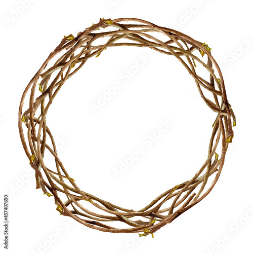Watercolor wreath Twisted Wooden Winter decoration. Dry empty rattan decor isolated on white background. Christmas Wooden Decorative Circle, round.
