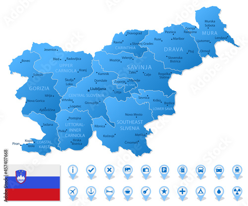 Blue map of Slovenia administrative divisions with travel infographic icons.
