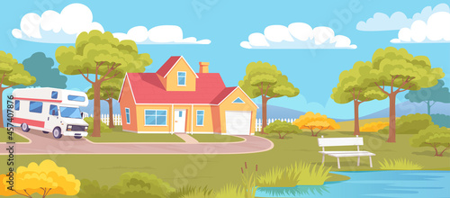 Cartoon countryside house camping car and beautiful landscape