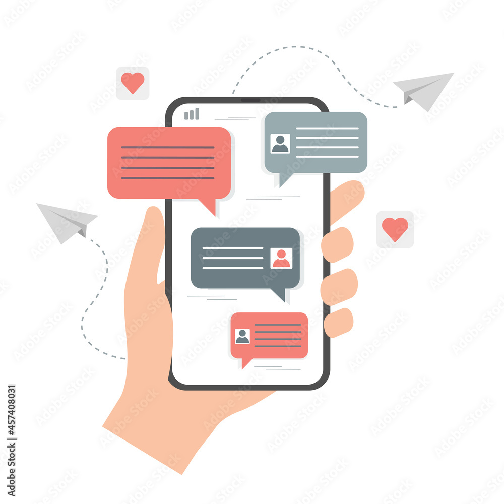 Human hand holding smartphone. Sending and receiving messages. Online chat. Social media. Colored flat vector illustration. Isolated on white background. Human hand holding smartphone. Sending and receiving messages. Online chat. Social media. Colored flat vector illustration. Isolated on white background.