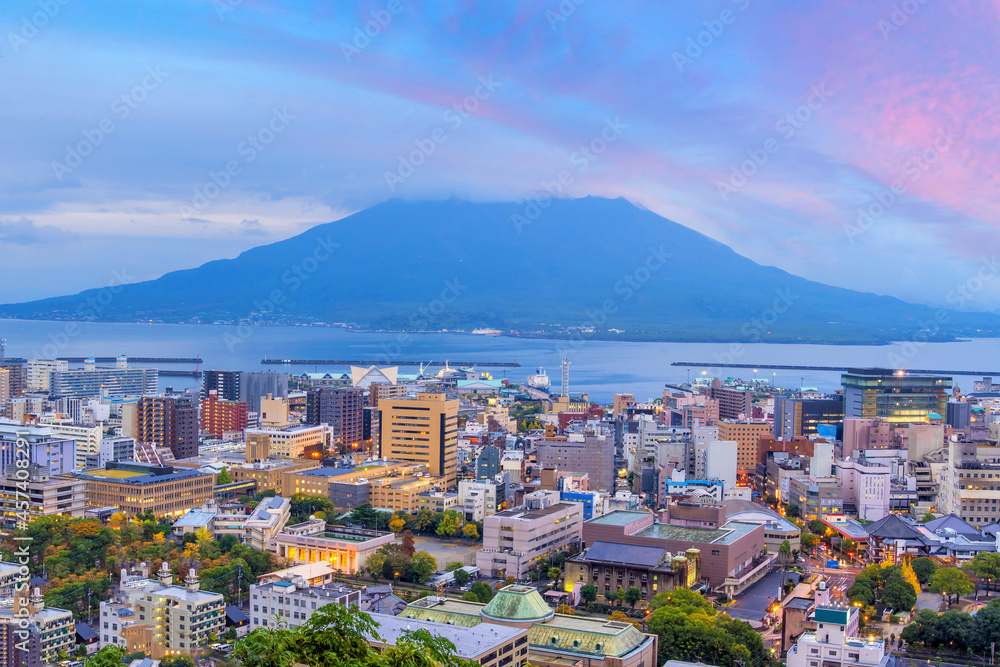 Kagoshima city downtown skyline cityscape  with Sakurajima Volca