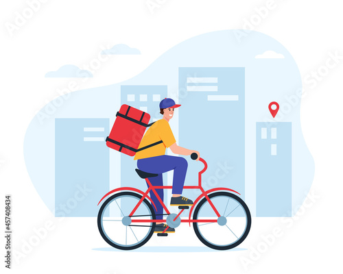 Delivery man or courier on bycicle in city. Express Food Delivery