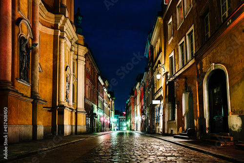 old historical part of Warsaw of night lights