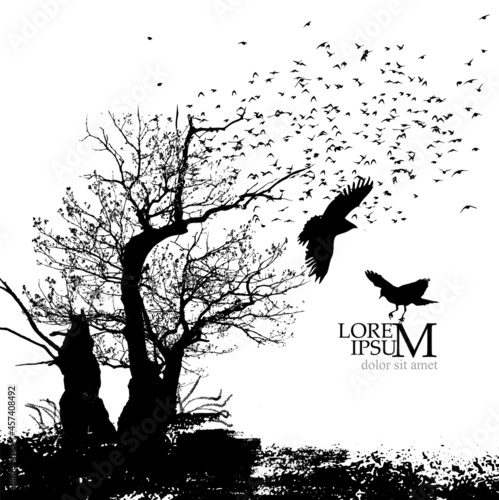 Terrible landscape. Tree and birds . Happy halloween. Vector illustration