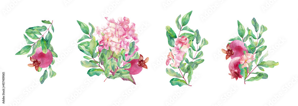 Set of watercolor bouquets. Hand-drawn pomegranate fruits and pink hydrangea flowers on a white background.