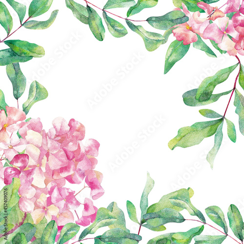 Watercolor floral frame. Hand-drawn pink hydrangea flowers isolated on white background. Suitable for backgrounds, invitations, cards